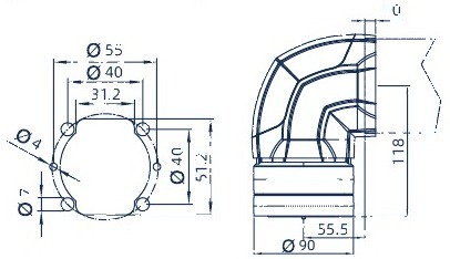 Technische Zeichnung: 90°-Gehäuseanschluss Ø 90 mm